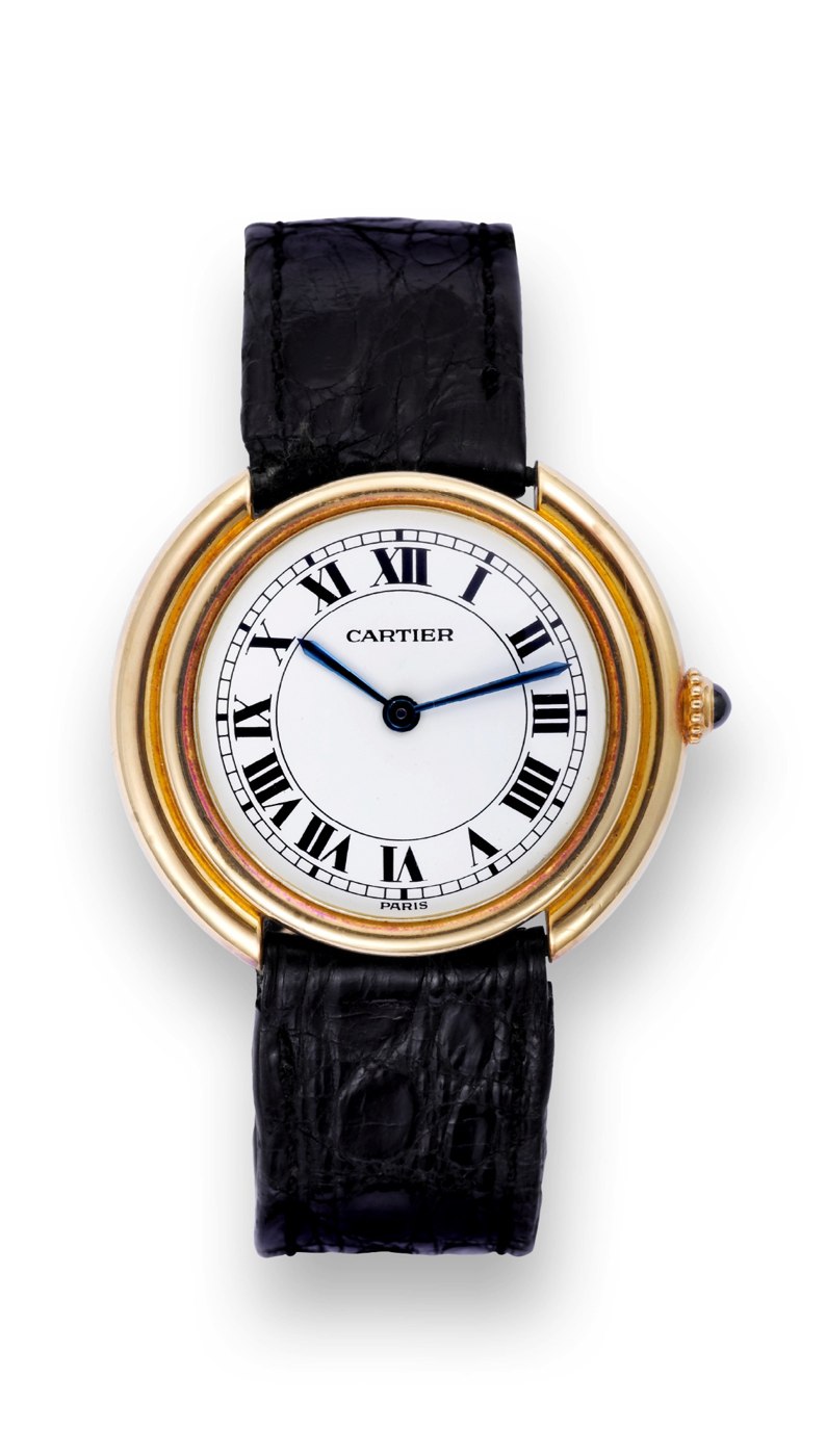 Front view of the Cartier Ceinture wristwatch with white dial and Roman numerals.