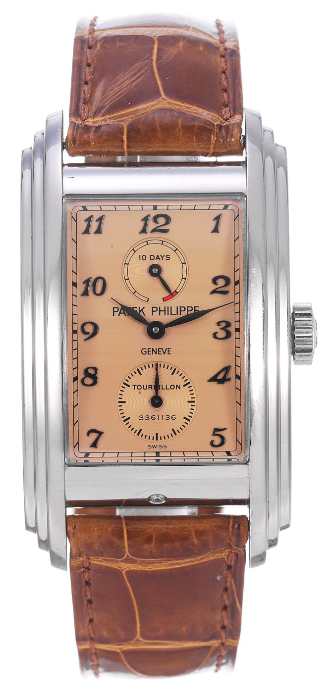 Front view of the Patek Philippe 10 Days Tourbillon Ref. 5101P, showing the salmon dial and stepped platinum case.