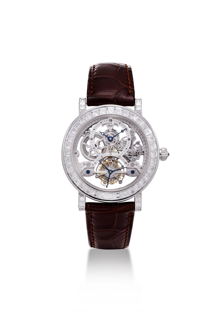 Front view of the Breguet Tourbillon Squelette showing the diamond-set bezel and skeletonized movement.