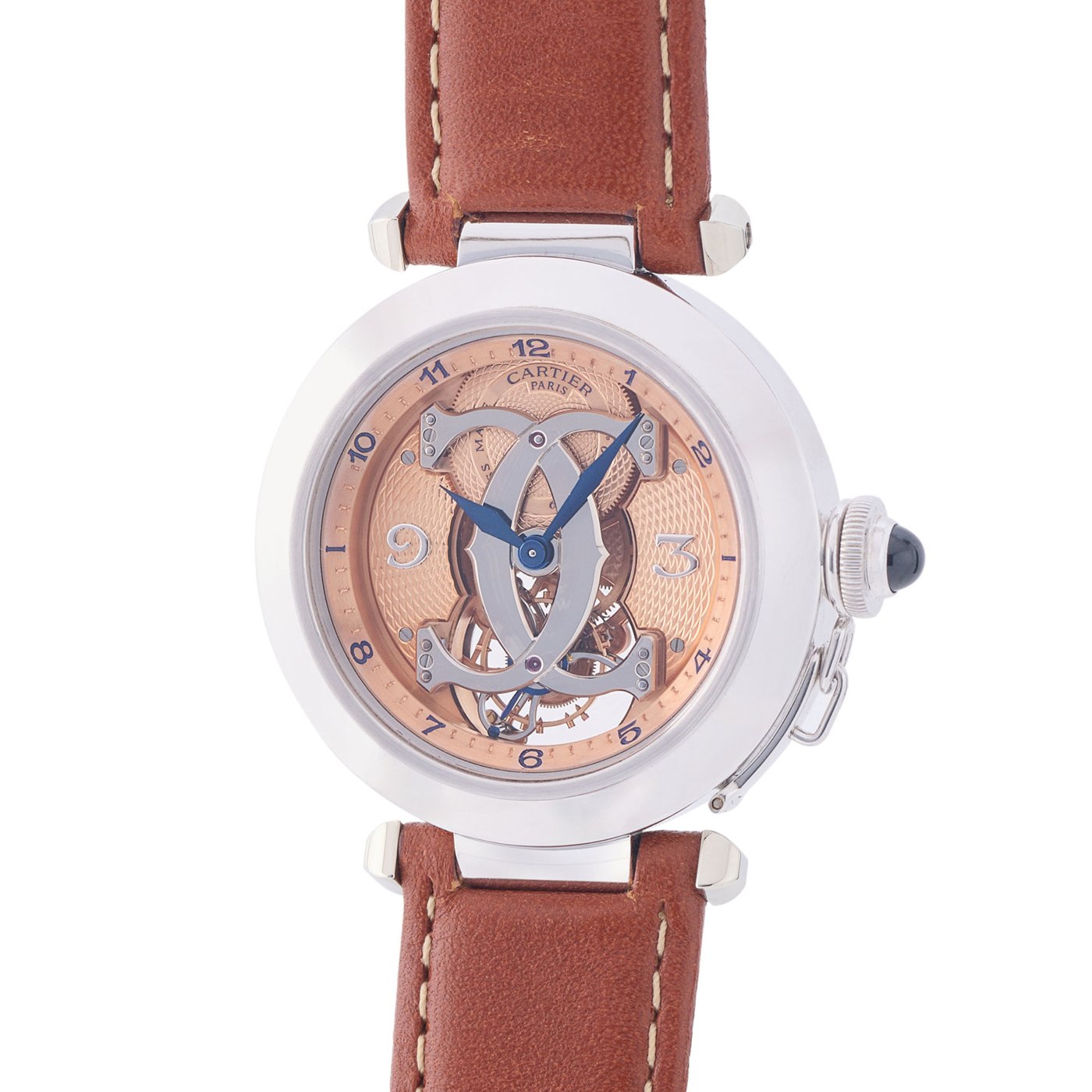 Front view of the Cartier Pasha de Cartier Tourbillon Reference 2406, showing the salmon guilloché dial and the Cartier double “C” logo bridges.