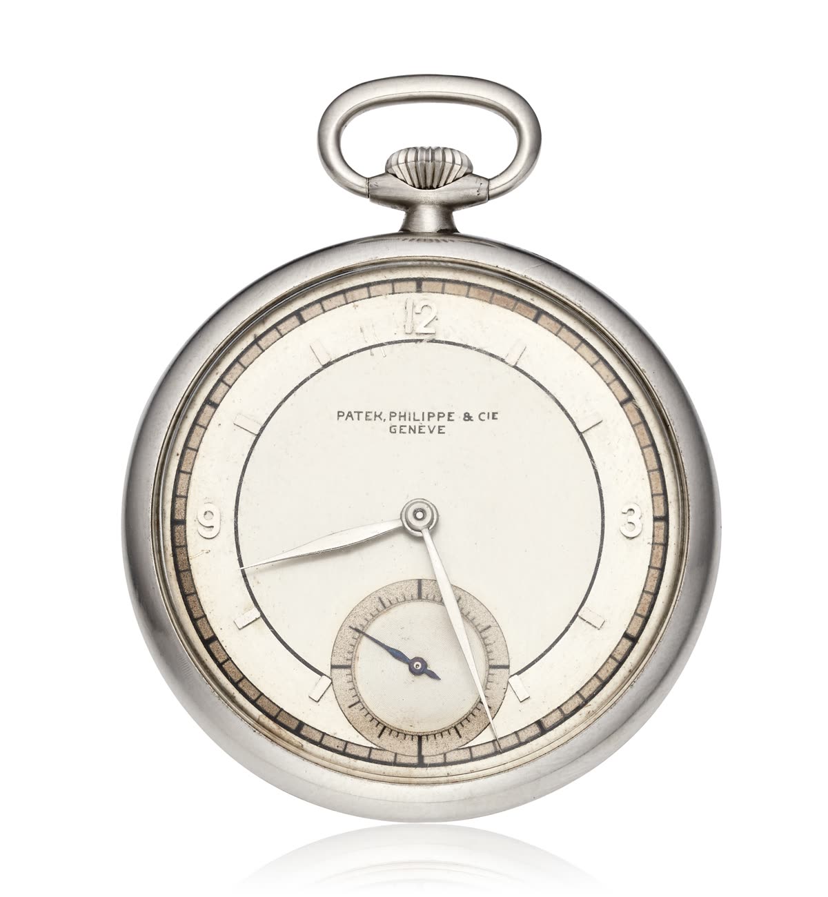 Patek Philippe reference 651 stainless steel open-face pocket watch with two-tone sector dial