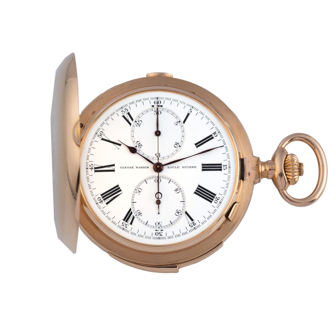 A view of the open hunter case and white dial of the Ulysse Nardin pocket chronometer.