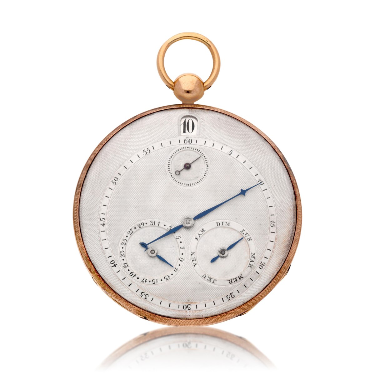Dial view of the Blondeau à Paris gold jump hour calendar pocket watch showing silver guilloché dial and calendar registers