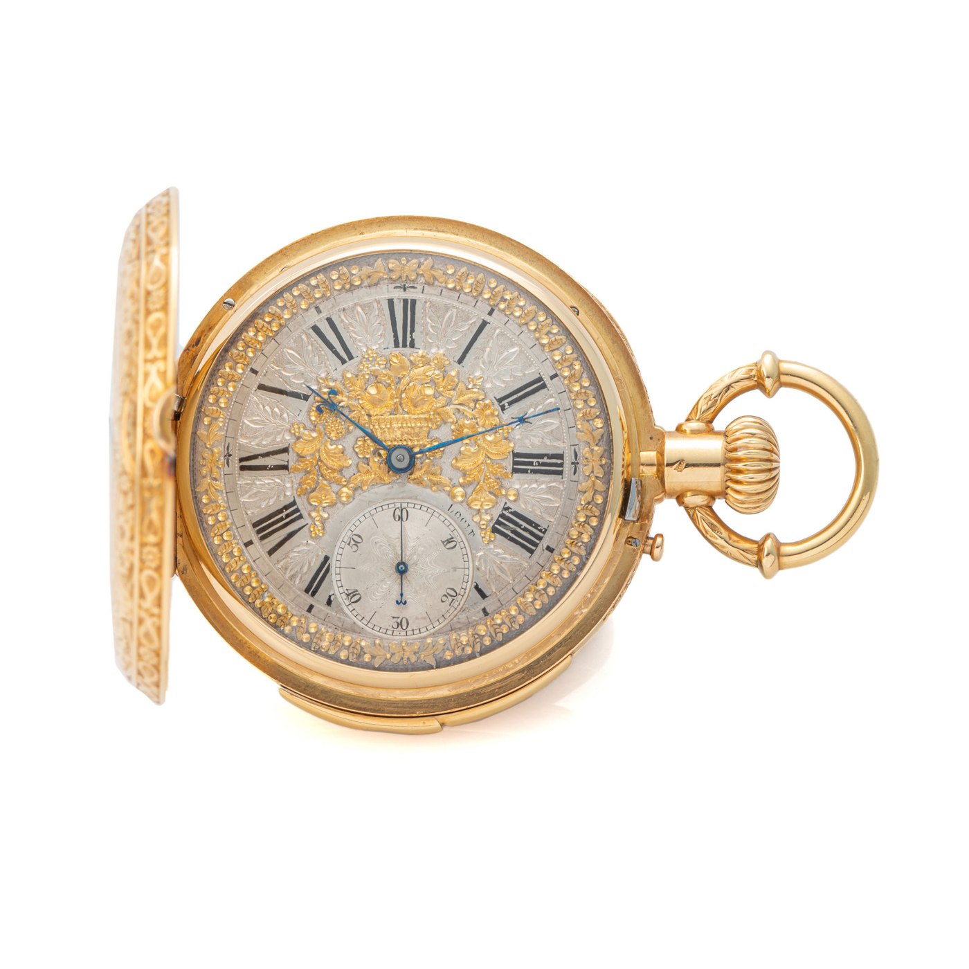 The Montandon minute-repeating pocket watch, showing the dial with ornate central engraving and the case-side repeating slide.