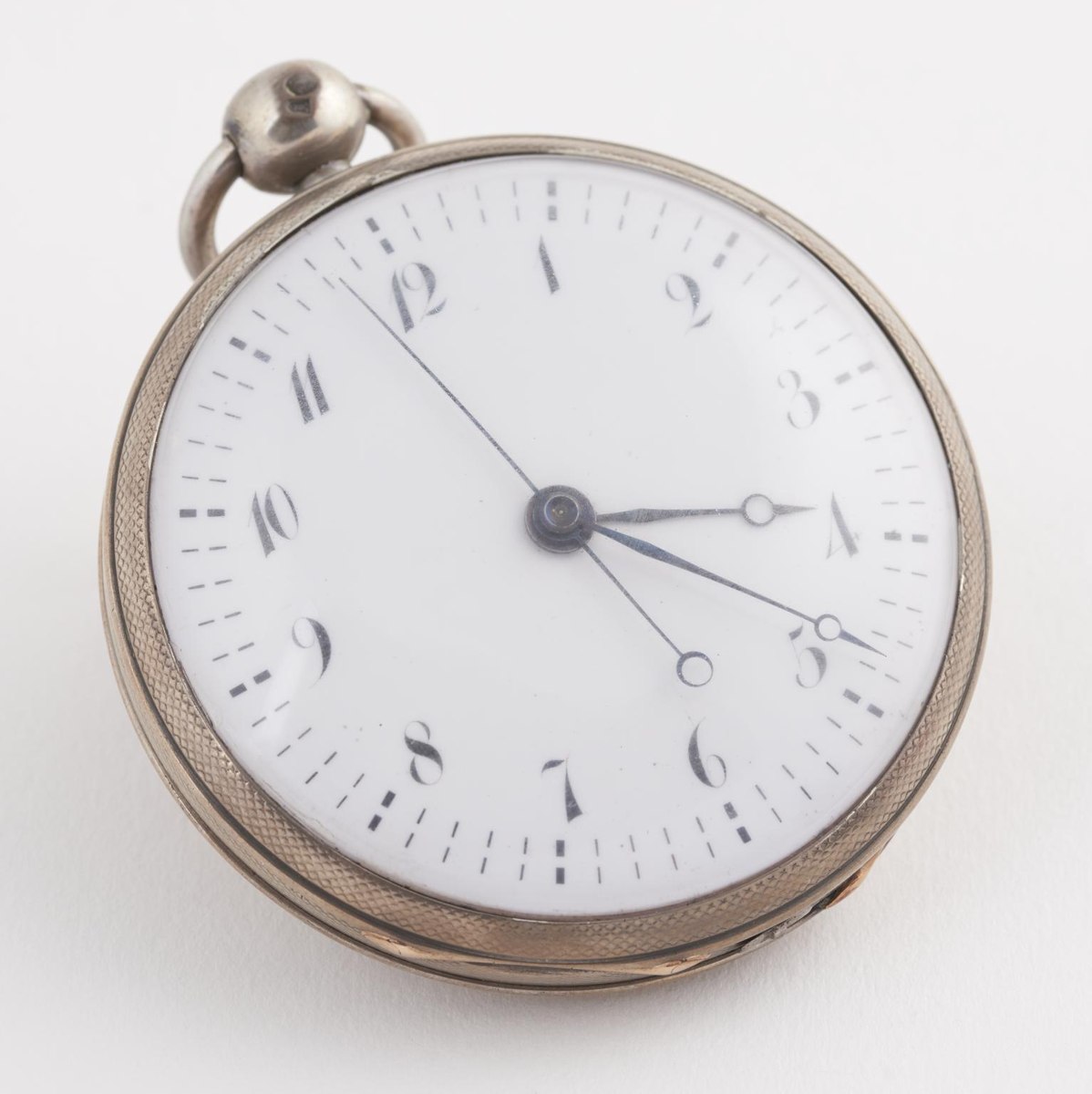 Dial and front view of the silver open-face pocket watch with independent centre seconds