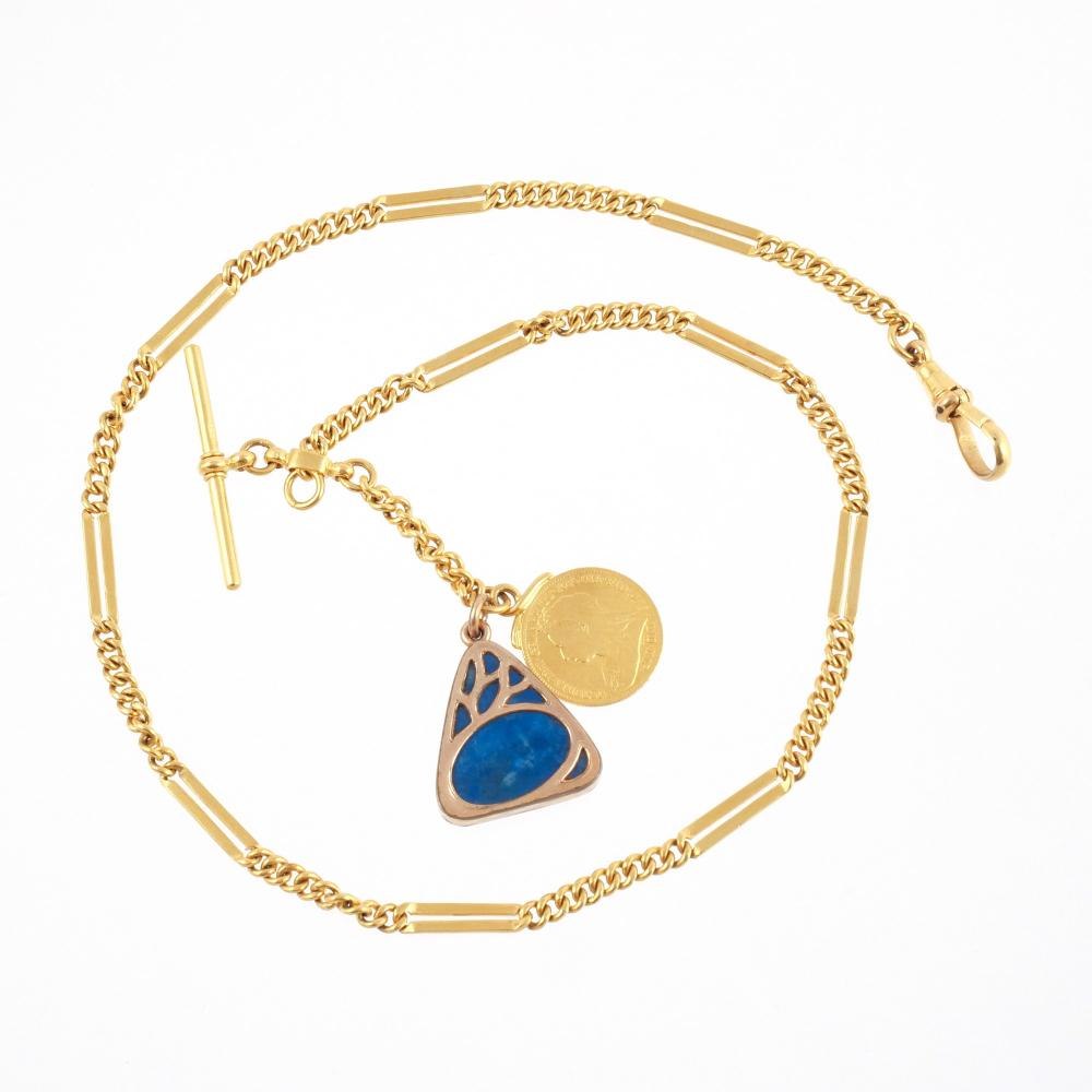 Gold watch fob chain with alternating links, T-bar, swivel clasp, sovereign coin charm, and lapis pendant
