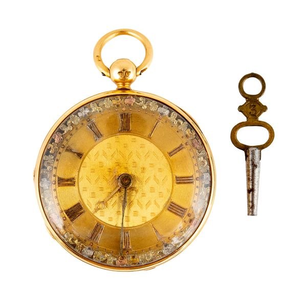 Dial view of the 18ct gold openfaced pocket watch with winding key