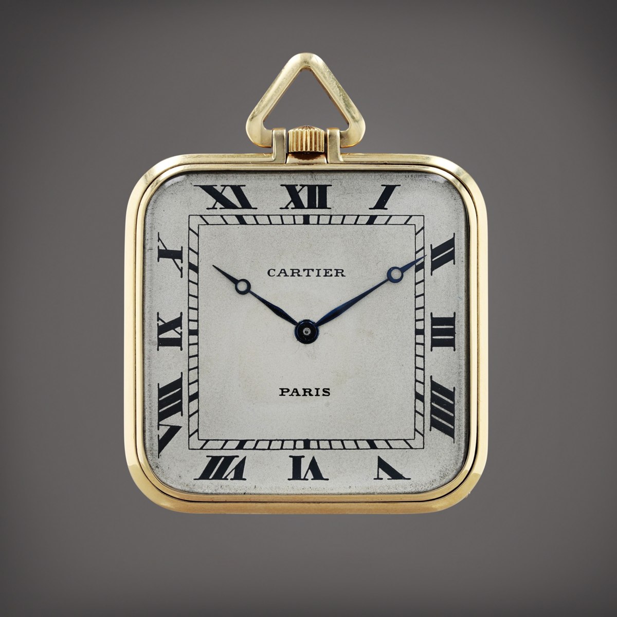 Front view of the Cartier open-faced square pocket watch showing dial, hands, and triangular bow