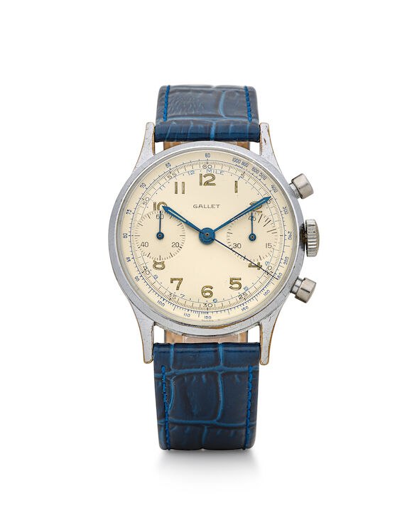 Front view of the Gallet stainless steel chronograph wristwatch
