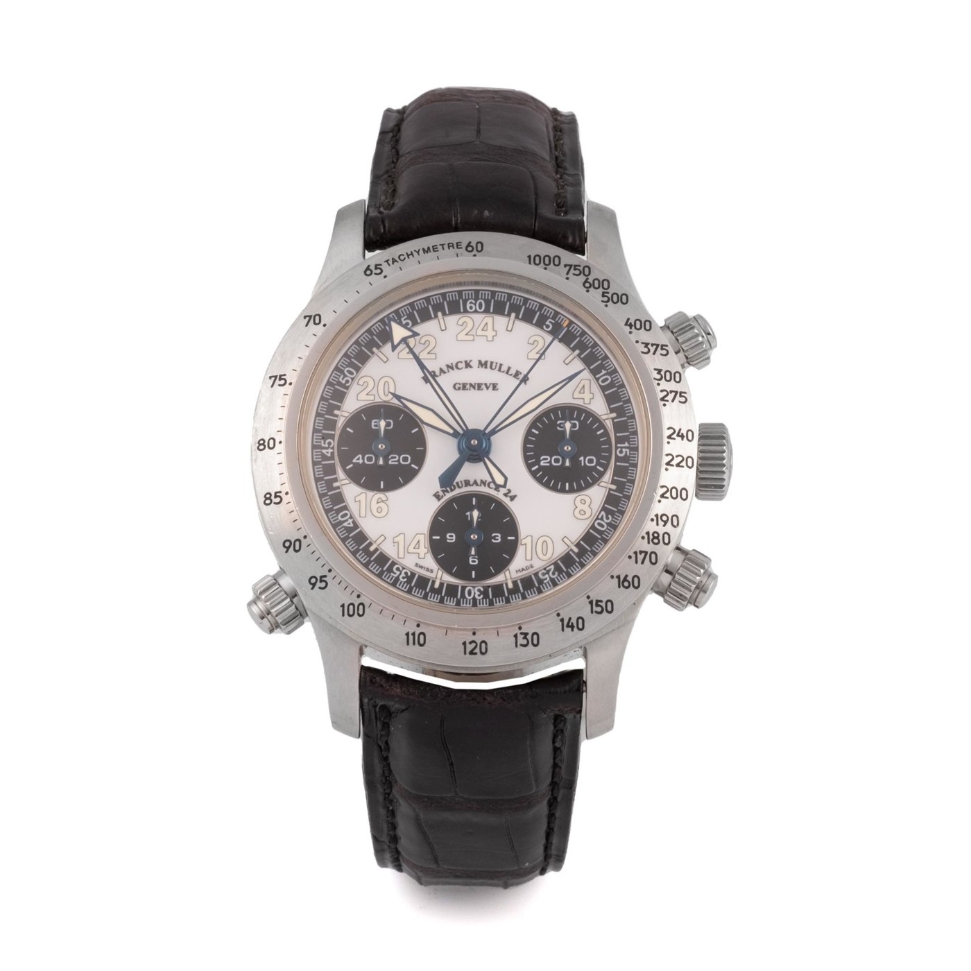 Front view of the Franck Muller Endurance 24 split-second chronograph featuring a cream dial and black registers.