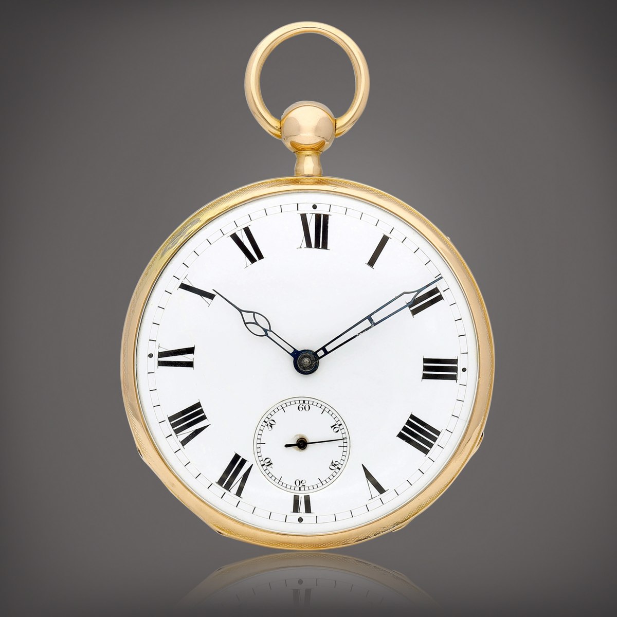 Dial view of the Swiss yellow gold open face quarter repeating pocket watch