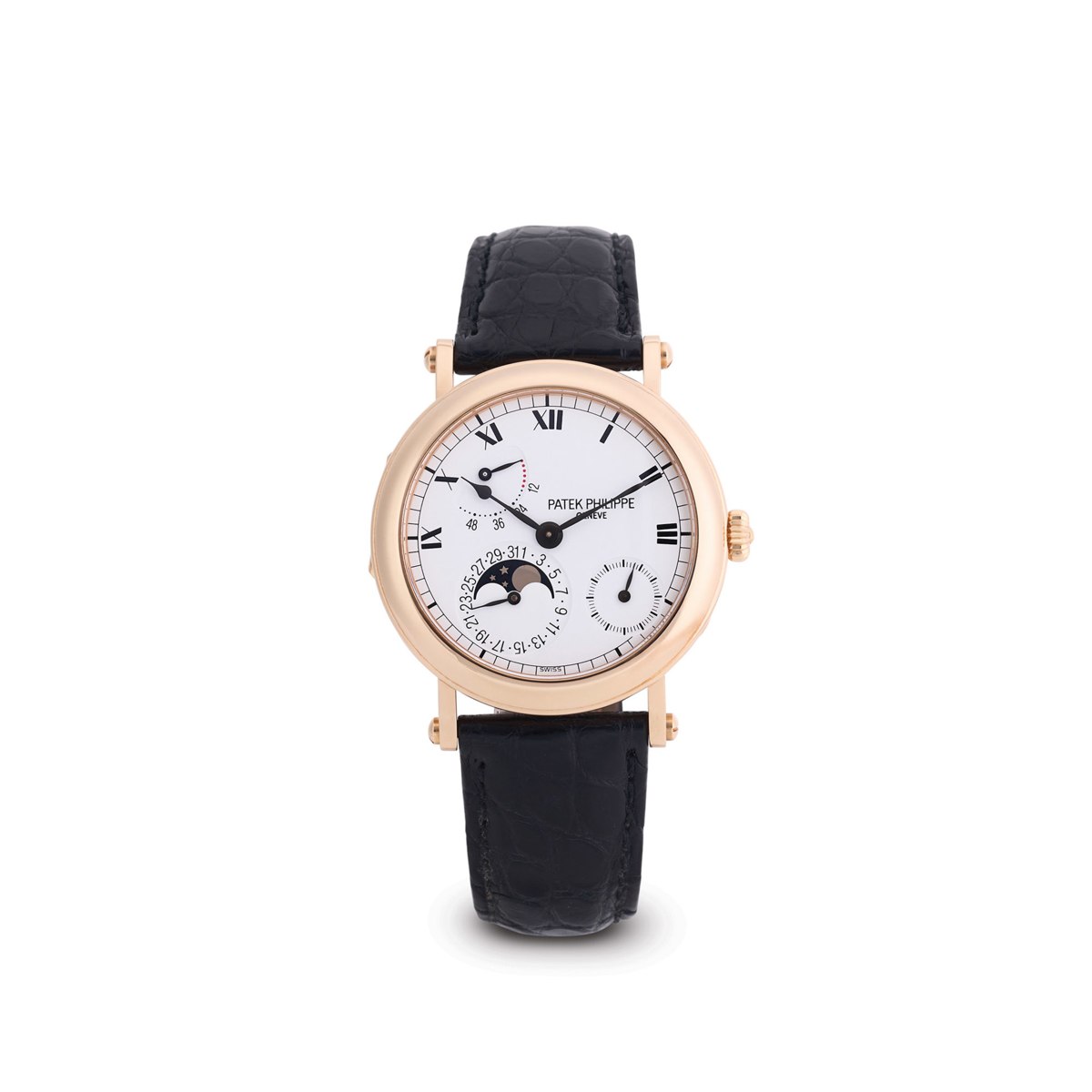 Front view of the Patek Philippe Ref. 5054R-001 wristwatch showing the dial, 18K pink gold case, and leather strap