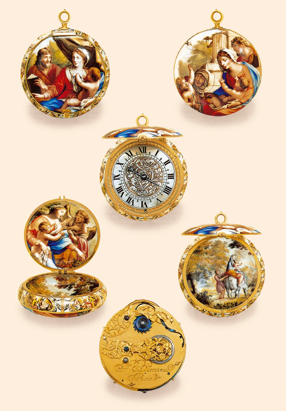 Exterior views of the enameled case, the silver dial, and the gilt brass movement of the F. Baronneau pendant watch.
