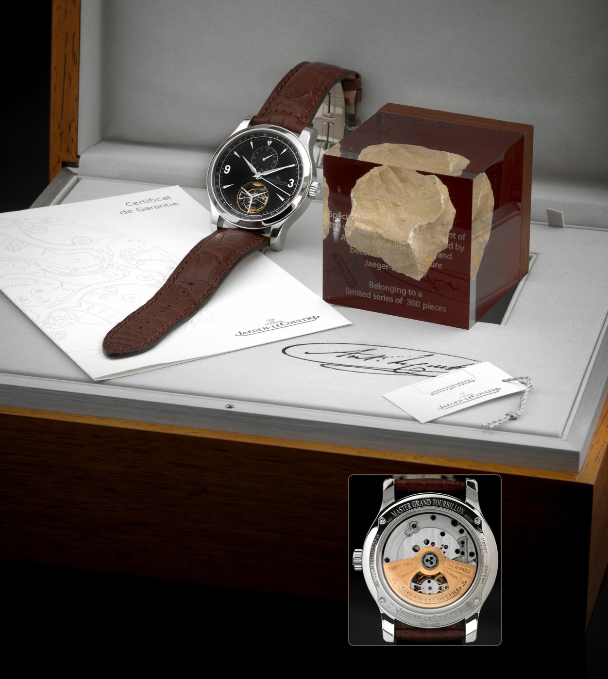 The Master Grand Tourbillon, showing the dial, the tourbillon aperture, and the 24-hour subsidiary dial, presented in its box with documentation.