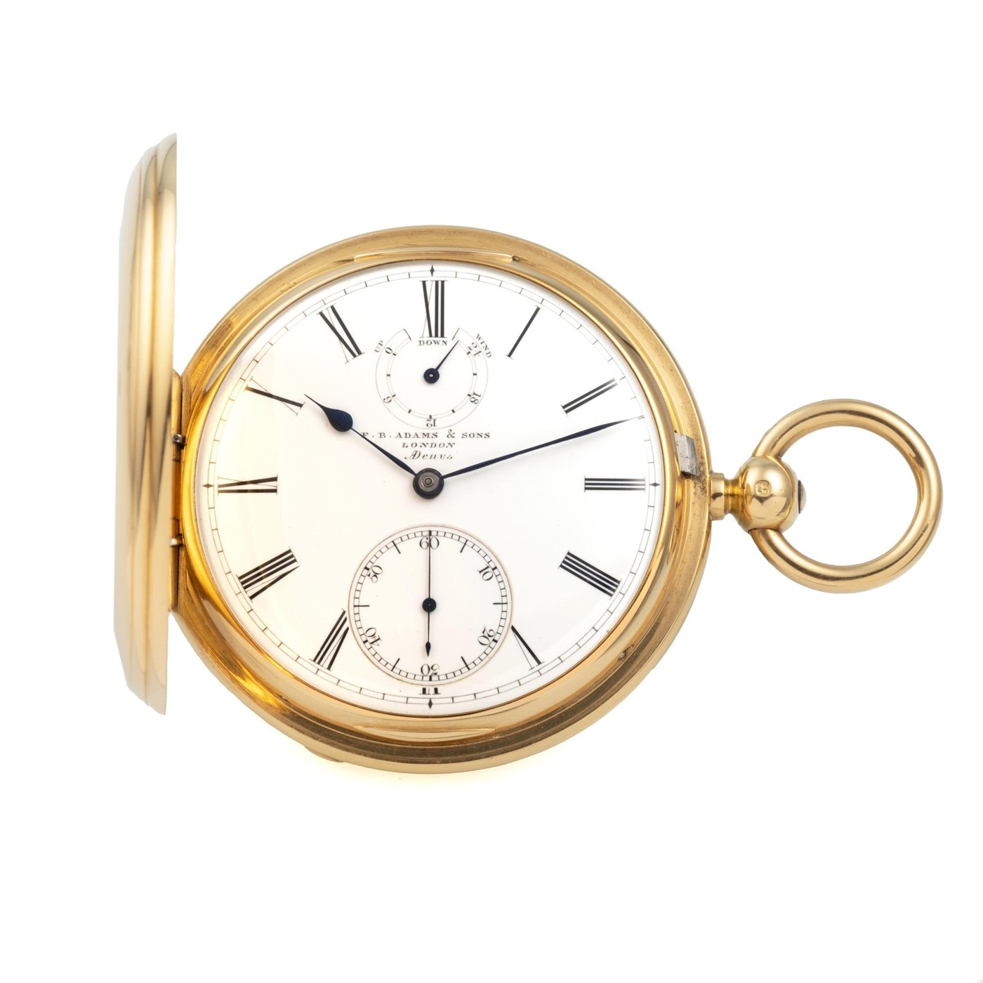 View of the watch with the hunting case open, revealing the dial with its 24-hour power reserve indicator and subsidiary seconds.