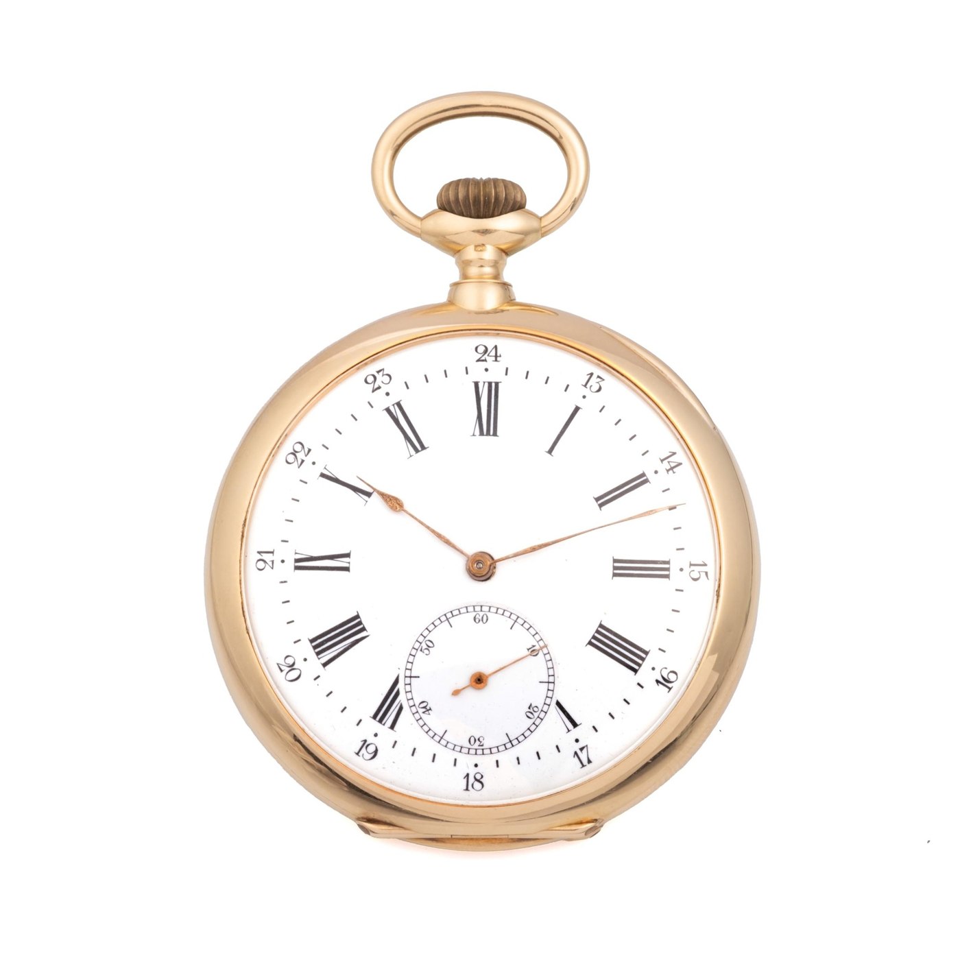 Front view of the Ulysse Nardin 18k yellow gold open face pocket watch.