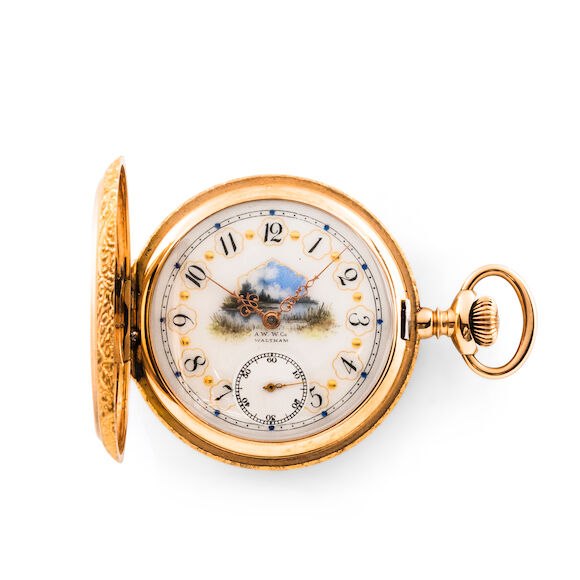 Waltham Model 1899 14kt gold hunter-case pocket watch showing the polychrome painted enamel dial