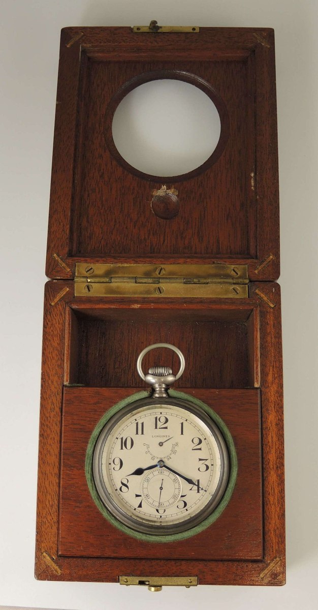 Longines deck watch resting in its fitted wooden deck box with opened viewing lid