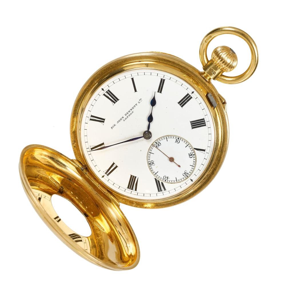 Front view of Sir John Bennett Ltd. demi-hunter pocket watch with cover open