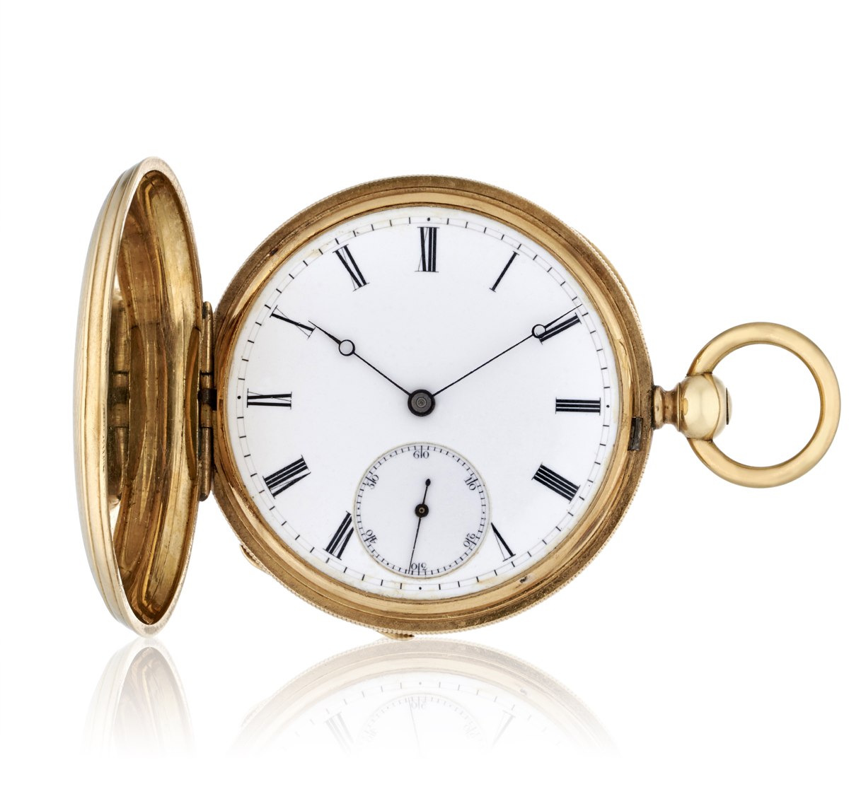 Patek Philippe 18k yellow gold hunter case pocket watch with open cover showing dial