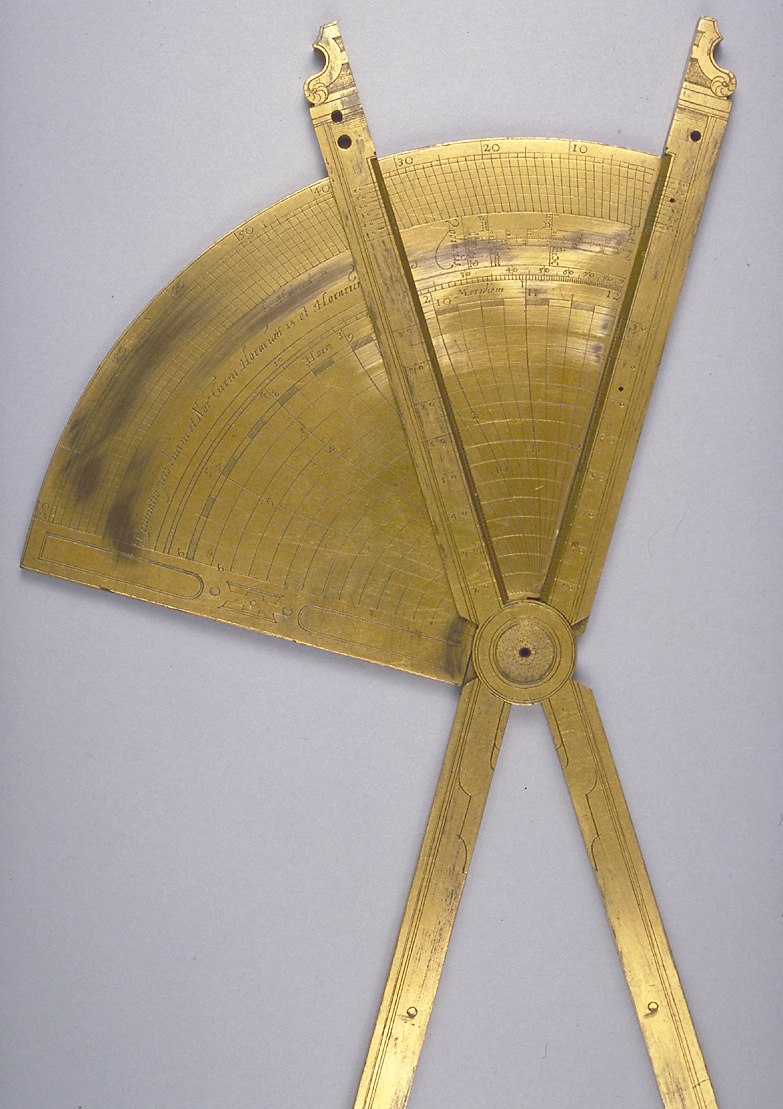 The obverse of the brass dialling quadrant, featuring the signed maker's name, zodiacal scales, and pivoted arms for calculation.