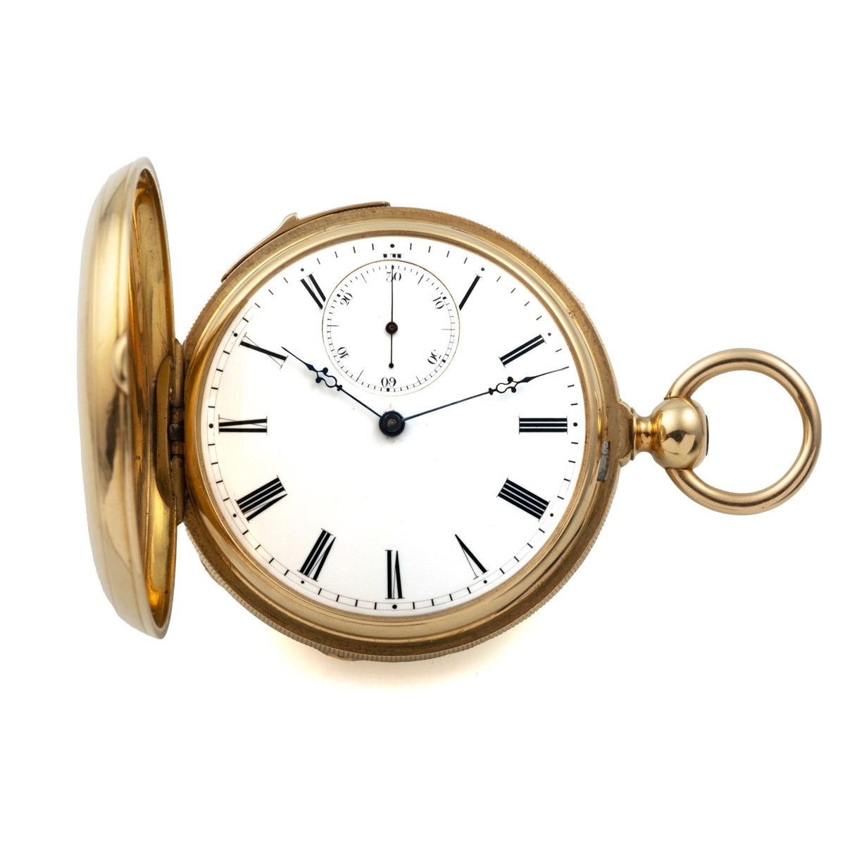Dial view of the opened 18k yellow gold half-hunting pocket watch showing white enamel dial and blued hands