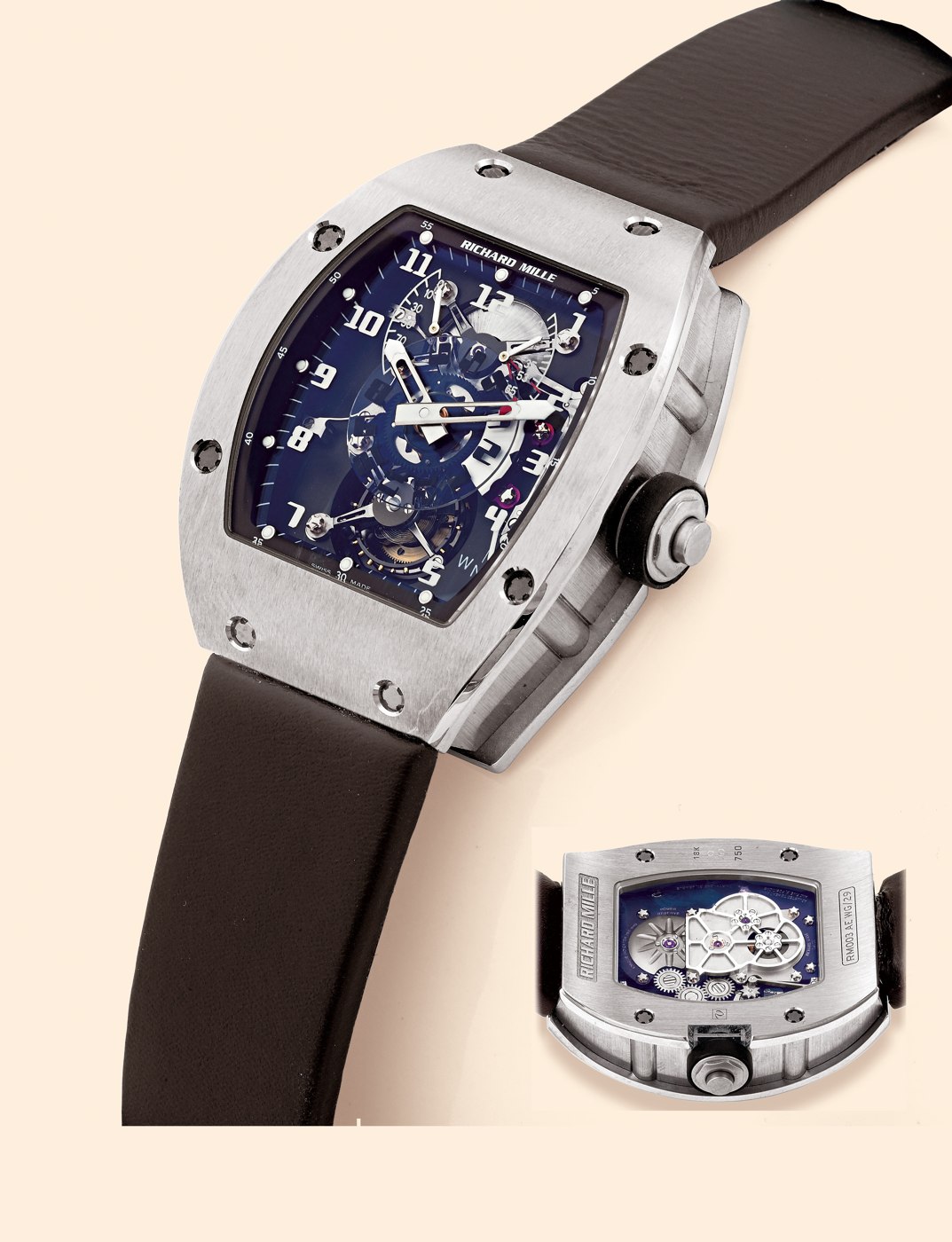 Front view of the Richard Mille Tourbillon RM003 with an inset showing the transparent case back.