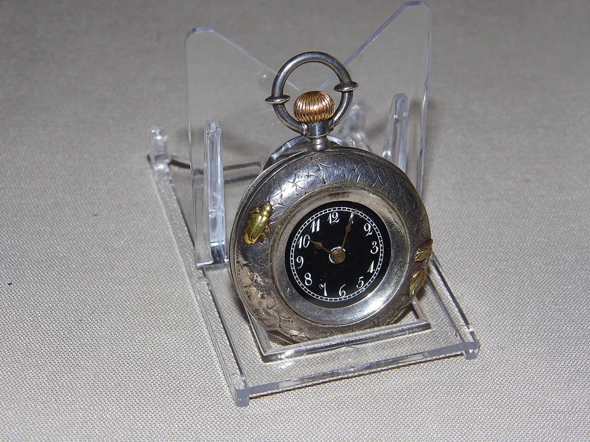 Small Vintage Manual Wind Pocket Watch, Lever-Set Model, Manufacturer Unknown, Silvertone with Gold Highlight (Insects and Plants), 1-3-8 Inches in Diameter (8989437287)