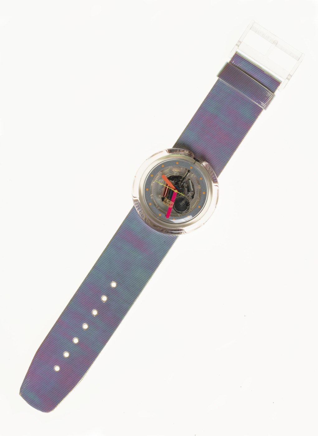 Front view of the Swatch 'Shining' wristwatch showing the clear acrylic case and movement