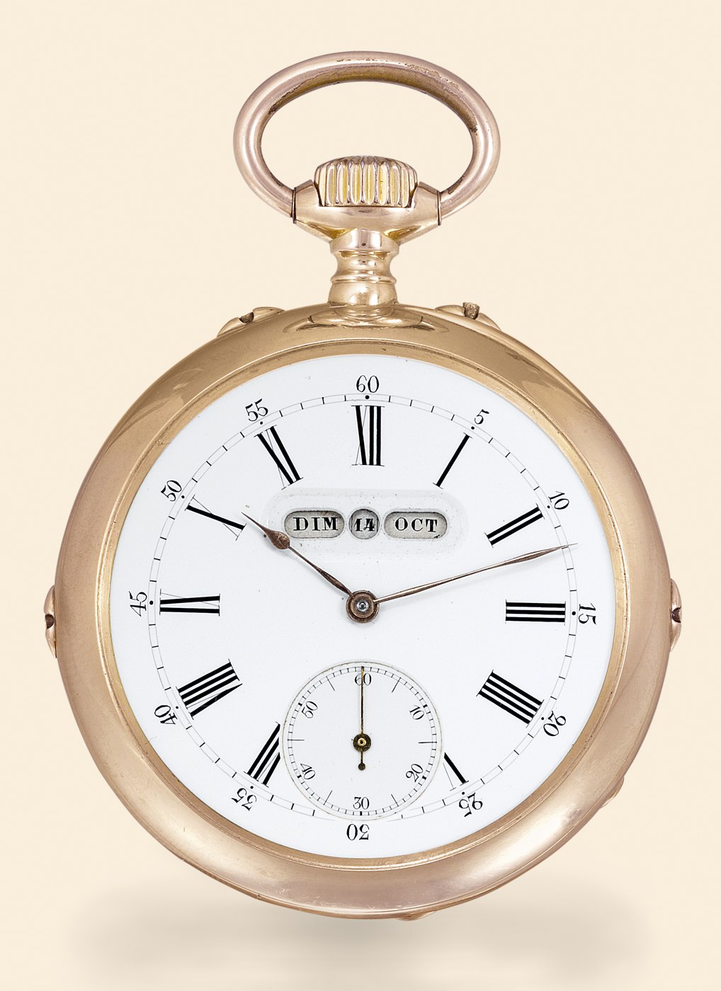 Front view of the 18K rose gold pocket watch showing the Roman numeral dial and 'American' calendar apertures.