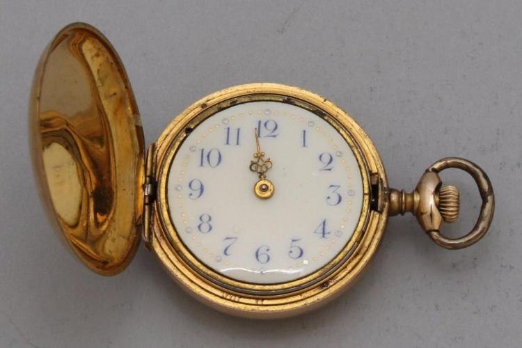 Opened front view of the New England Watch Co. hunting case pocket watch showing the white dial with blue Arabic numerals and pendant at 3 o'clock