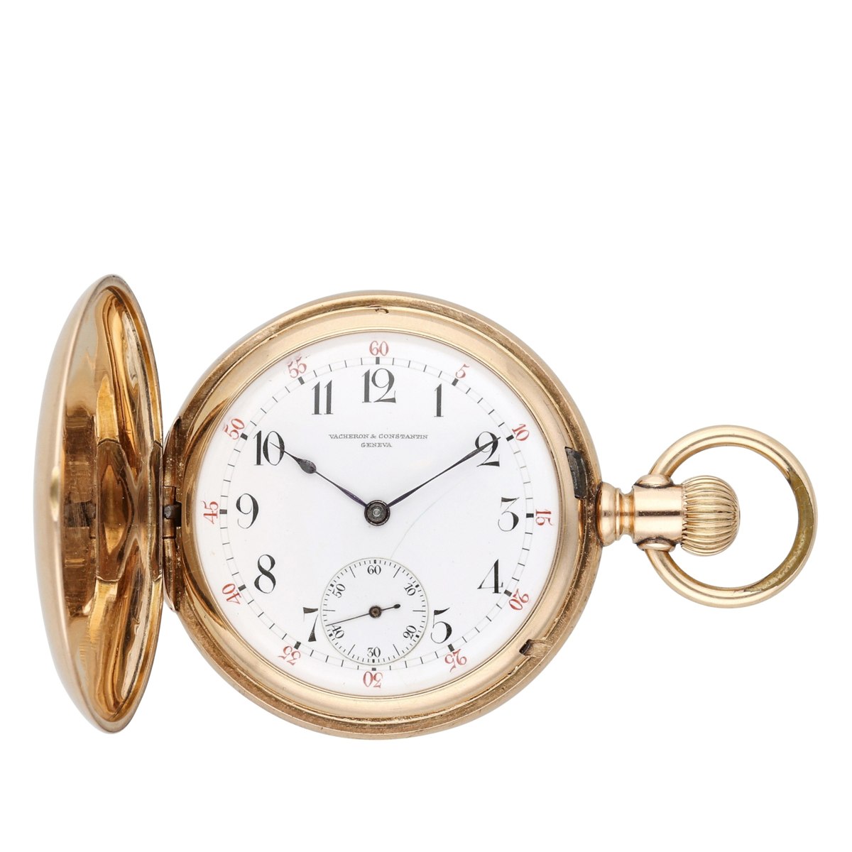 Front view of open pink gold hunting cased pocket watch showing white enamel dial with Arabic numerals and subsidiary seconds