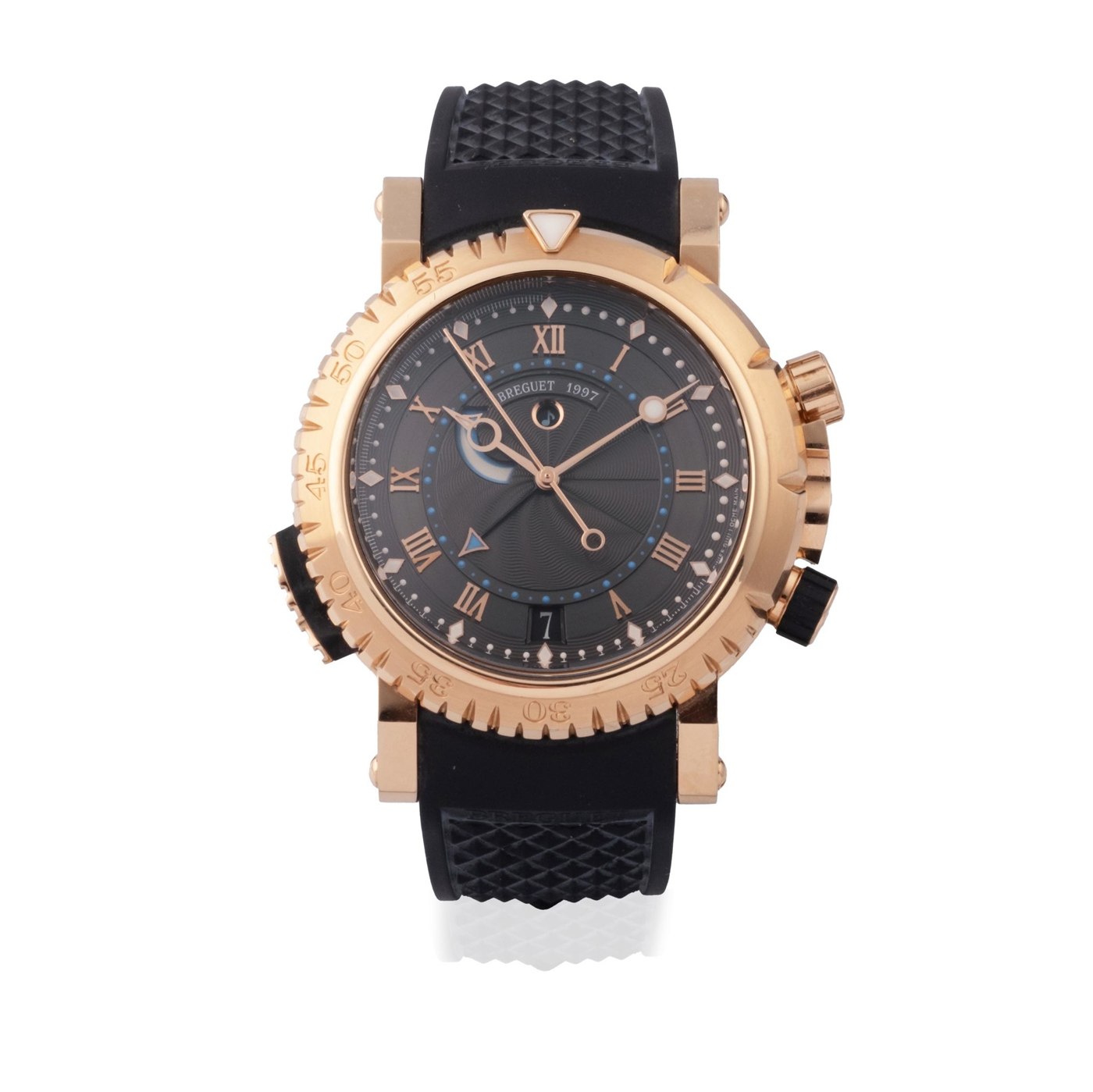 The Breguet Marine Royale Alarme in 18k pink gold, showing the alarm power reserve indicator and rotating bezel.