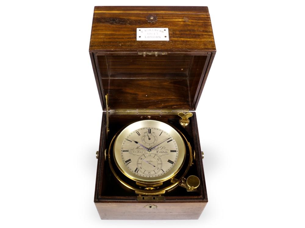 Top-down view of Victor Kullberg marine chronometer mounted in brass gimbals inside its open wooden transport box