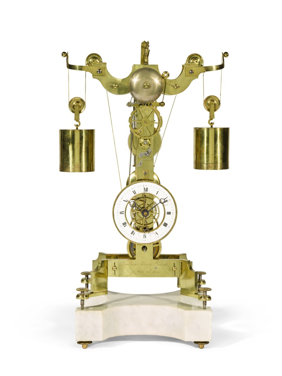 Front view of the Gioachino Alberti brass skeleton clock on marble base with weights suspended